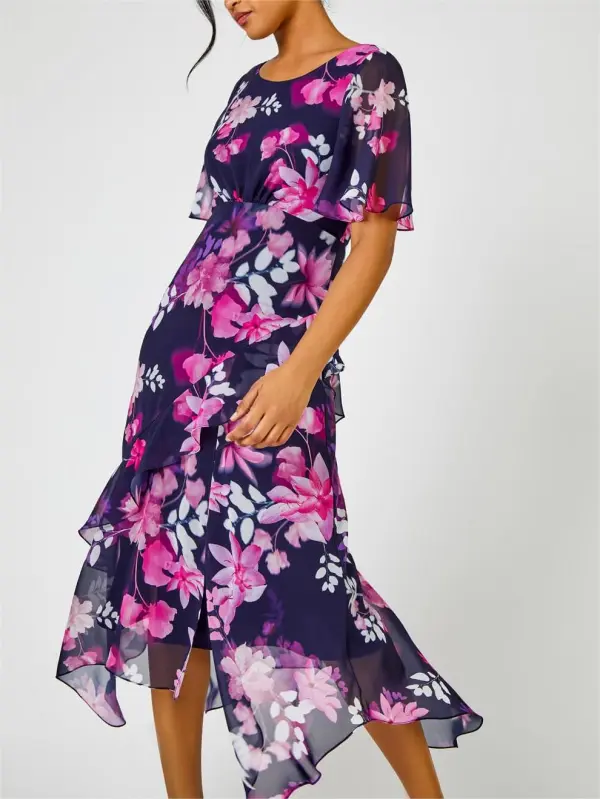 Navy Floral Chiffon Frill Asymmetric Midi Dress