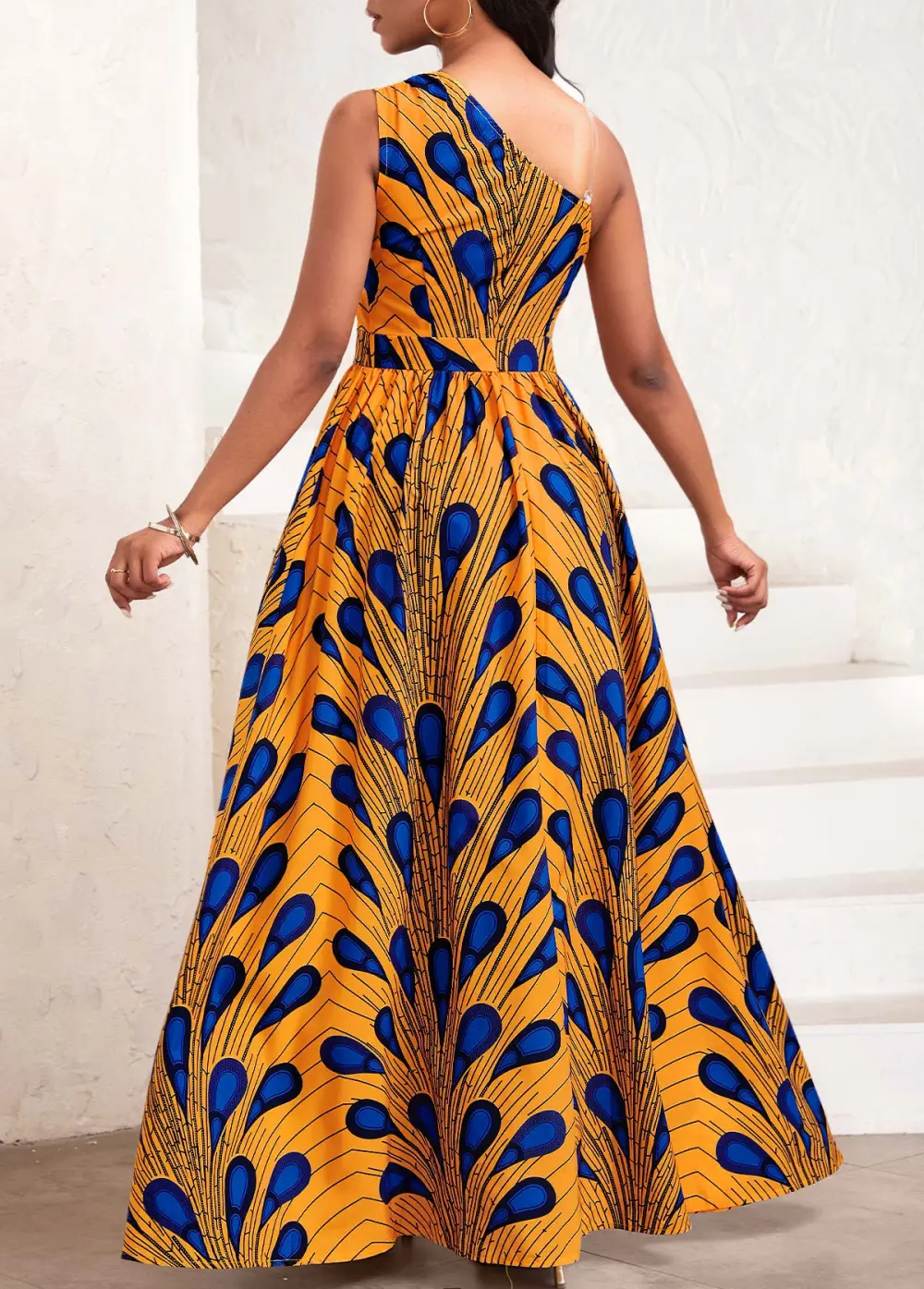 Feathers Print Asymmetry Orange Sleeveless One Shoulder Maxi Dress