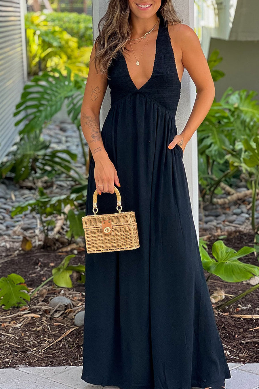 Black Maxi Dress With Smocked Top