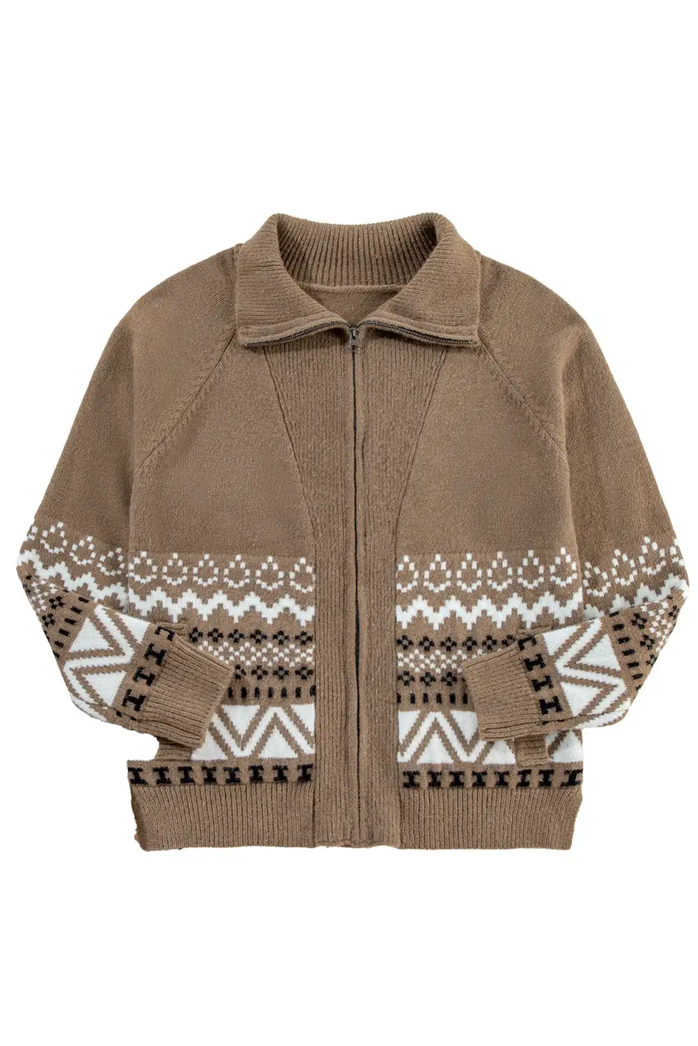 Brown Western Printed Ribbed Trim Collared Zip up Cardigan