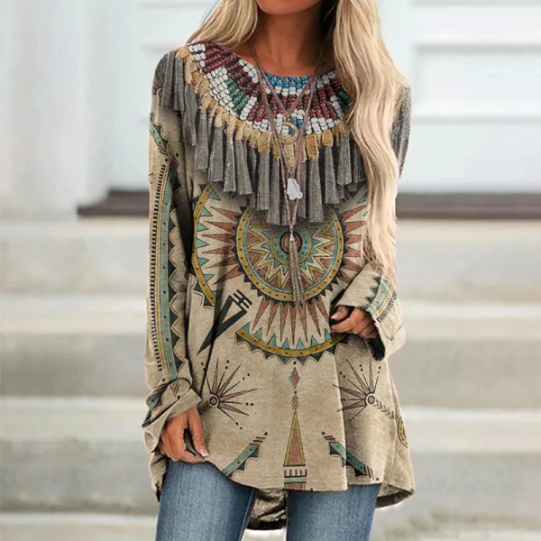 Vintage Western Fringe Print Long Sleeve Tunic