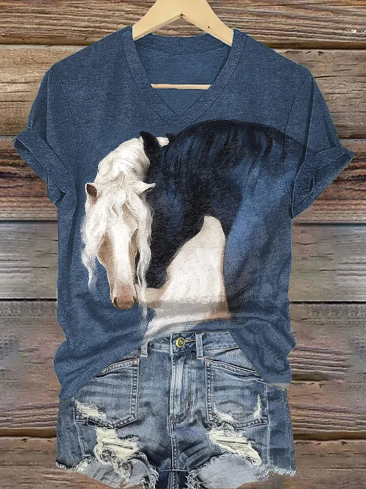 Vintage Horse Art Print V-Neck T-Shirt 1