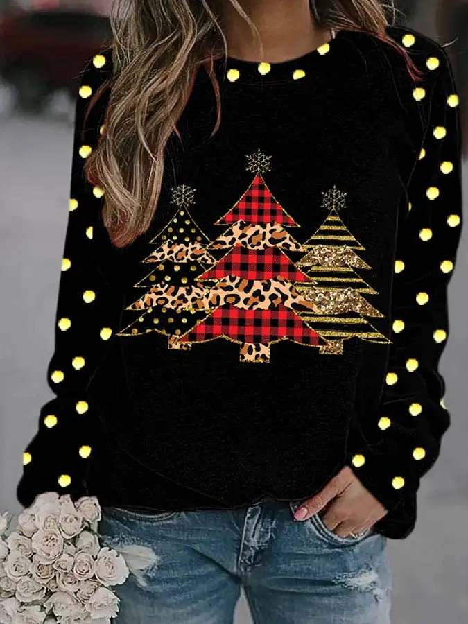 Women's   Bling Check Polka Dot Striped   Tree Print Sweatshirt