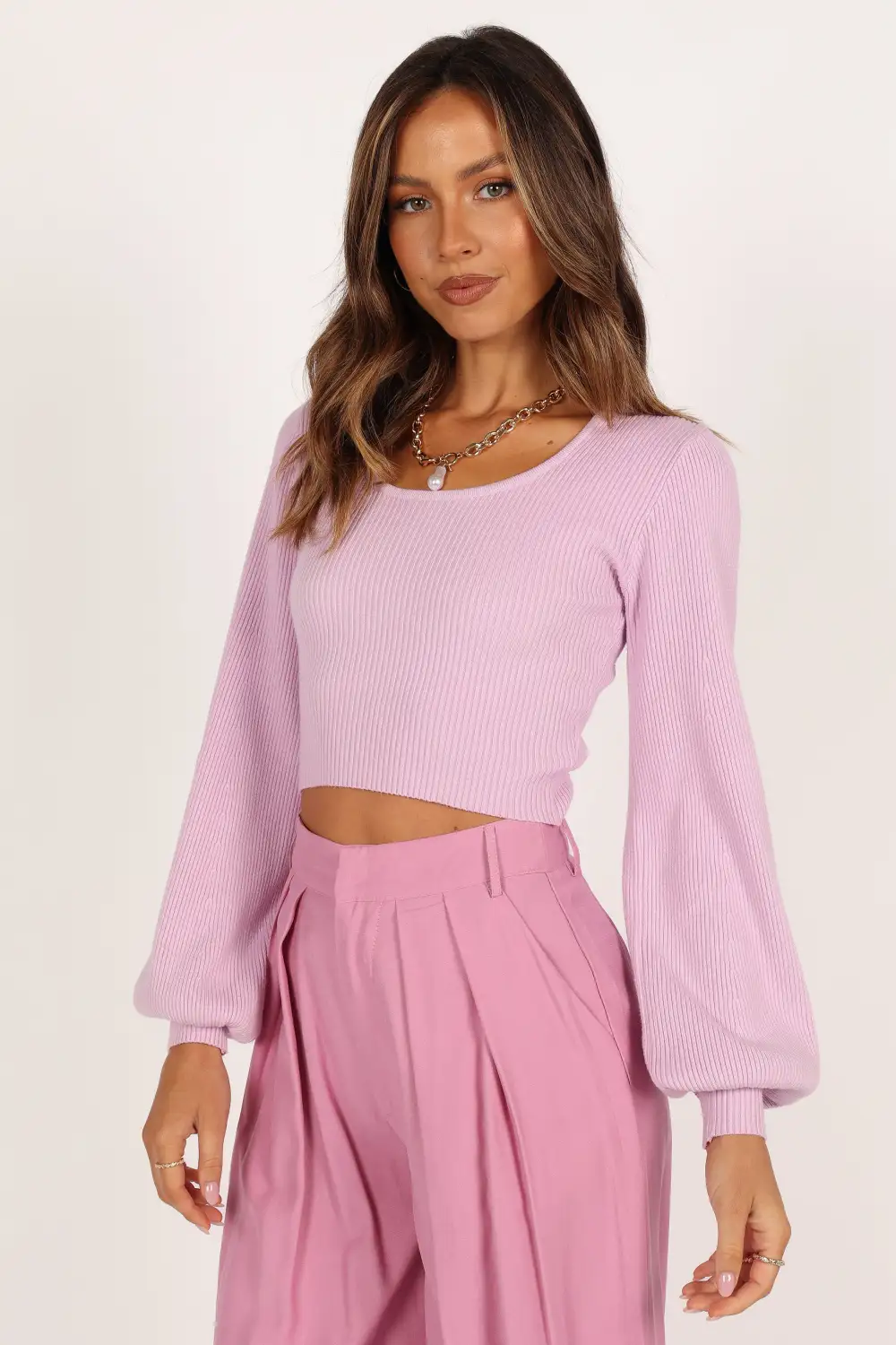 Daphne Crewneck Bubble Sleeve Knit Sweater - Lilac