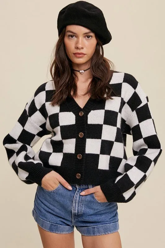 Bold Gingham Cropped Cardigan