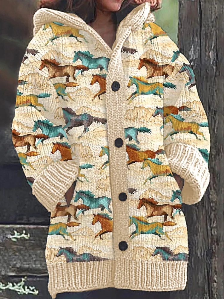 Horse Art Painting Cozy Knit Hooded Cardigan