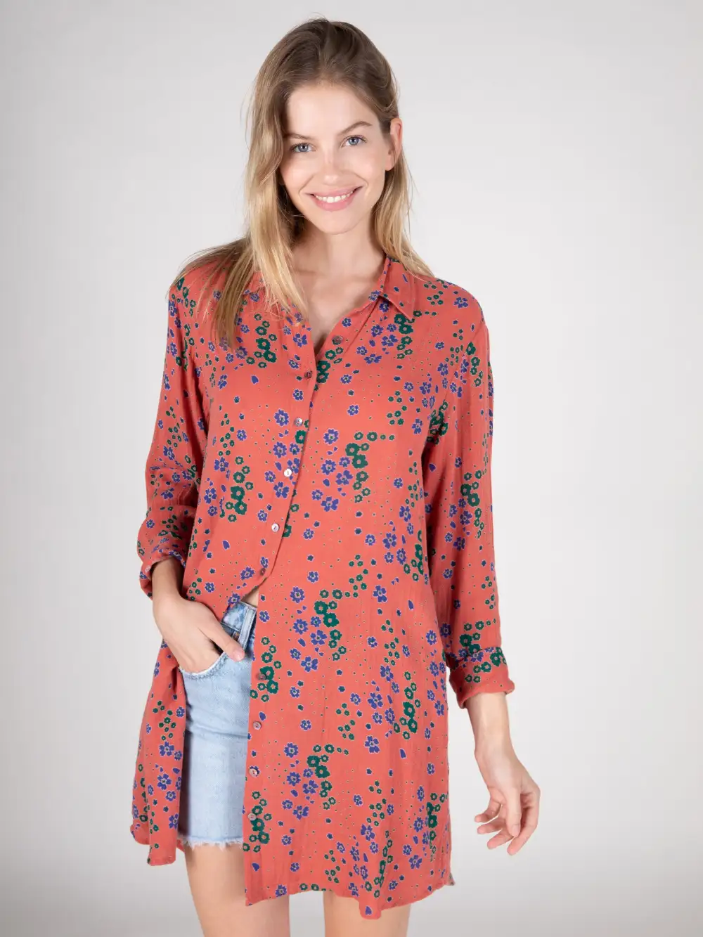 Georgia Gauze Shirt Dress - Red Green Floral