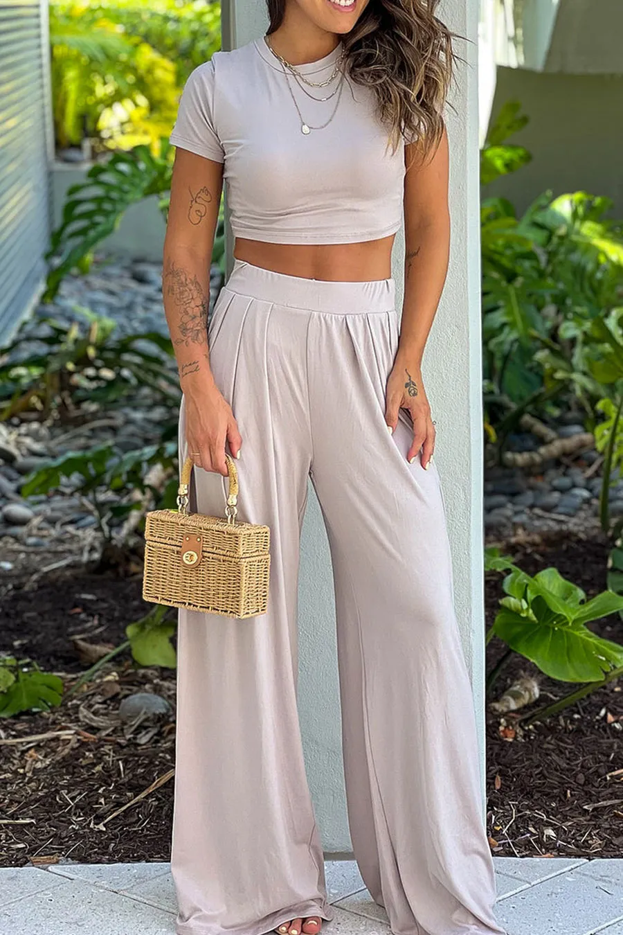 Oatmeal Crop Top And Pants Set