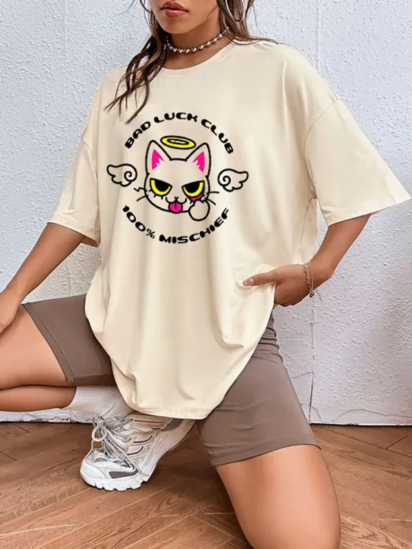 Women's Cartoon Cat Letter Printed T-shirt