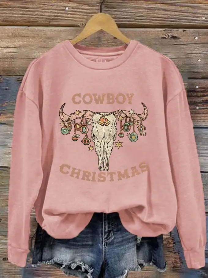 Women's Cowboy Christmas Bull Head Printed Sweatshirt