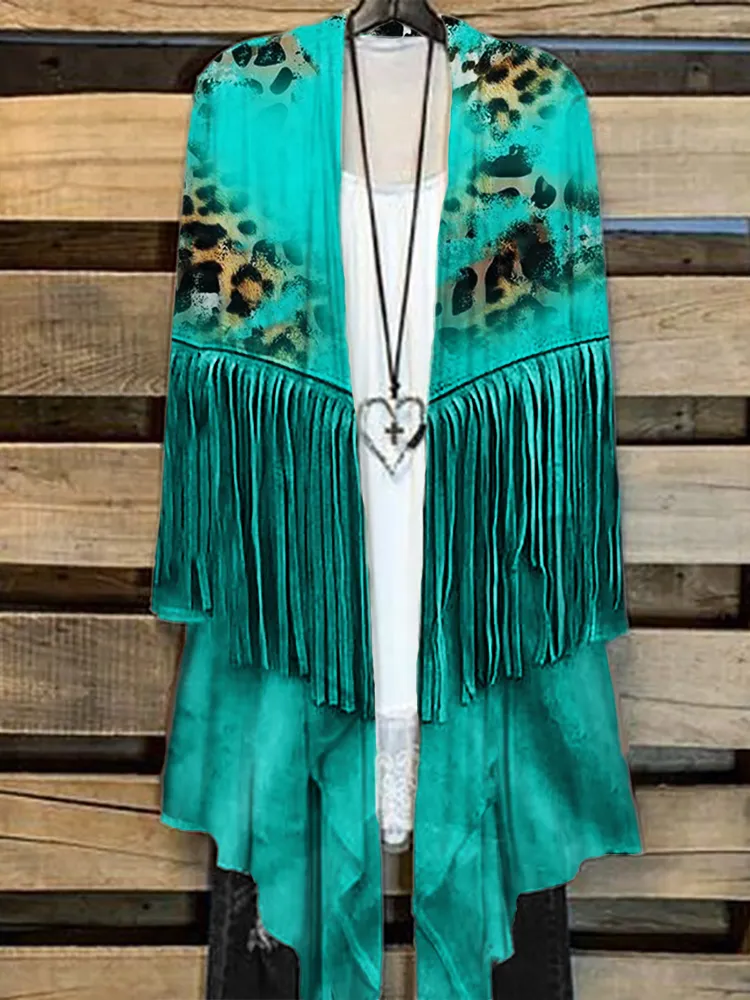 Western Turquoise Leopard Cowhide Art Cardigan