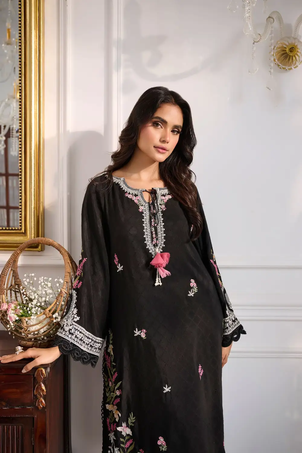 BLACK 3PCS  EMBROIDERED KURTA WITH TROUSER