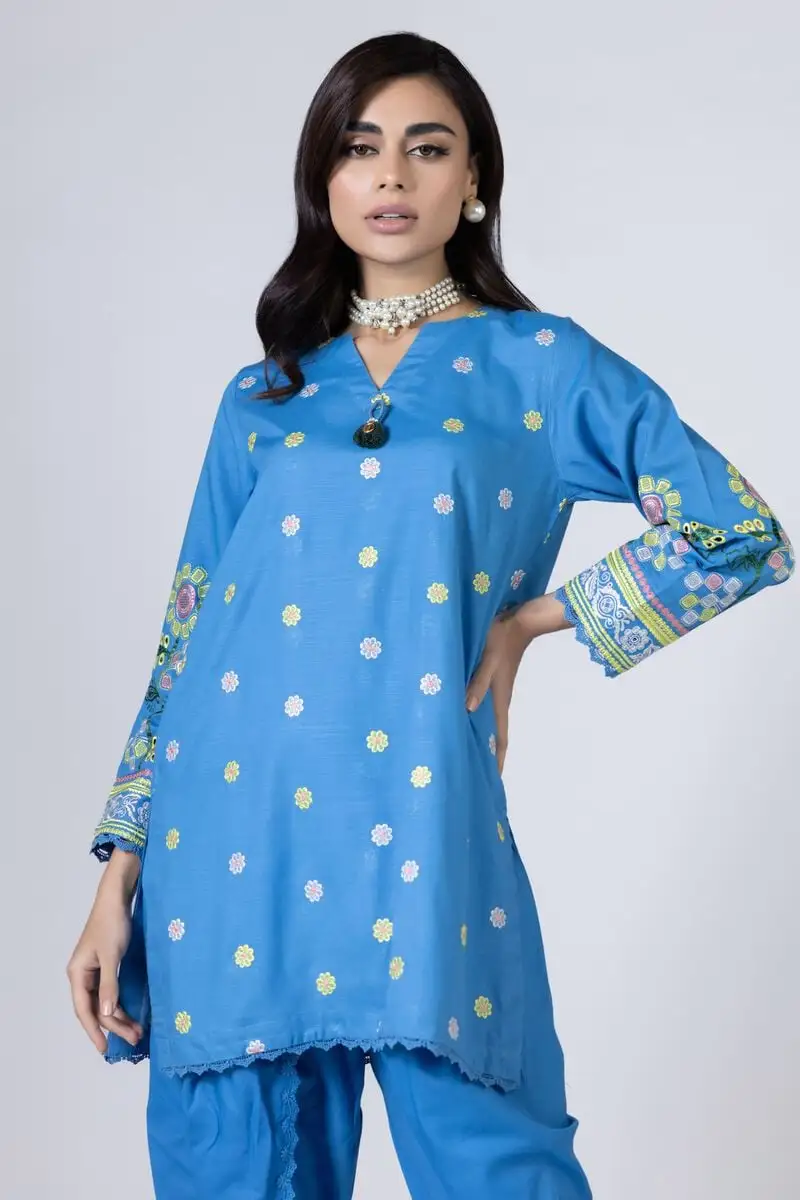 3 Piece Kurta Embroidered | Dupatta& Bottom & Tops | Color Blue