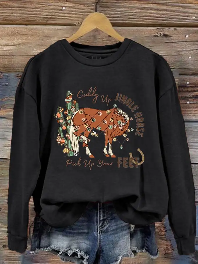 Women's Giddy Up Jingle Horse Pick Up Your Feet Printed Sweatshirt