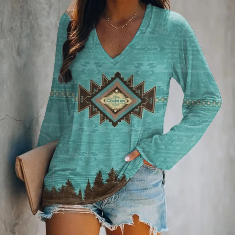 Western Print Long Sleeve Casual T-Shirt