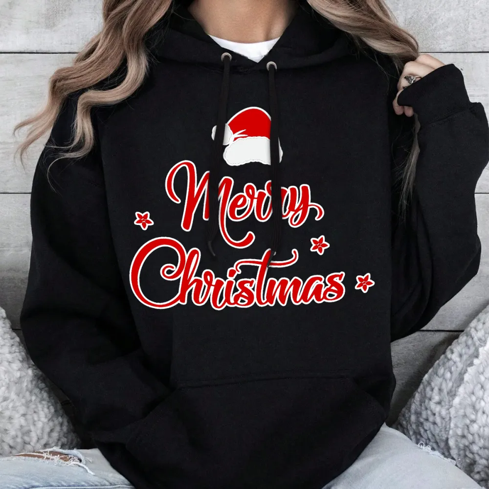 MERRY CHRISTMAS HAT PATTERN PRINTED HOODIE