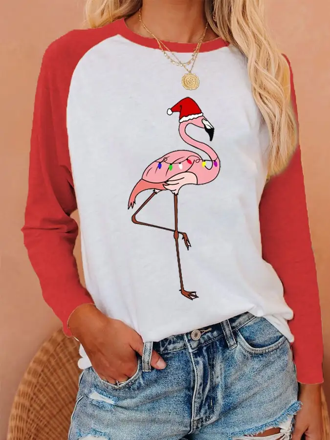 Women's   Flamingo Print Casual Long-Sleeve T-Shirt