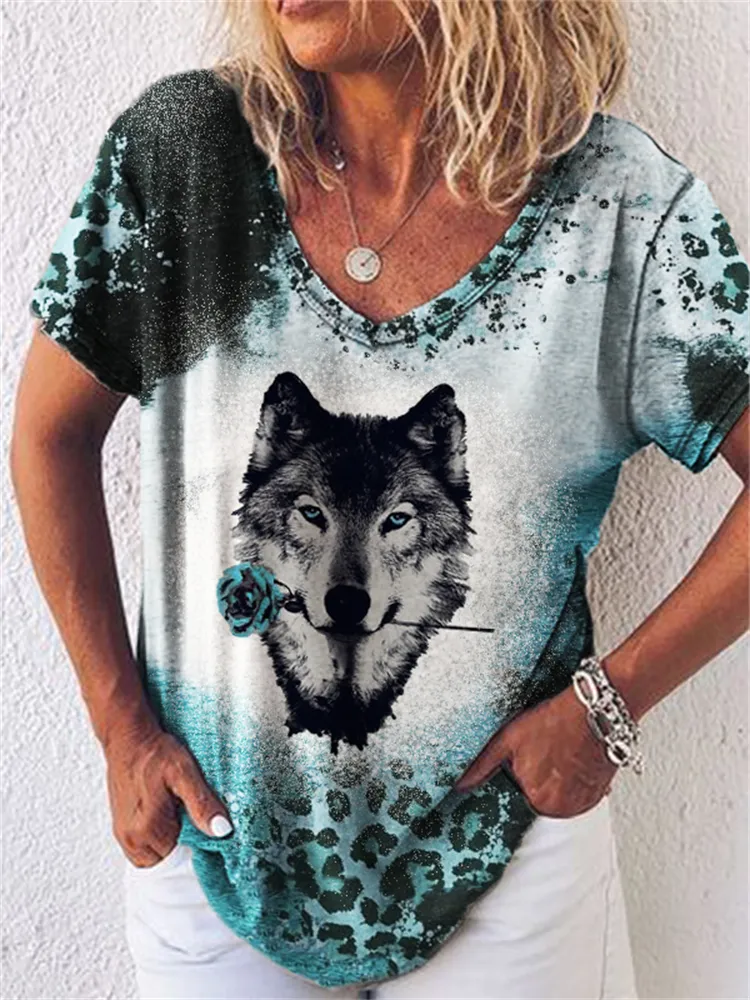 Western Rose Wolf Leopard Bleached T Shirt