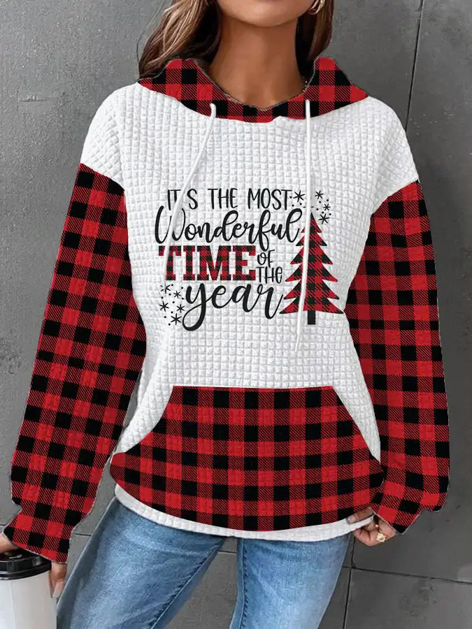 Women's It's The Most Wonderful Time of The Year Checkered Christmas Tree Print Waffle Hooded Sweatshirt