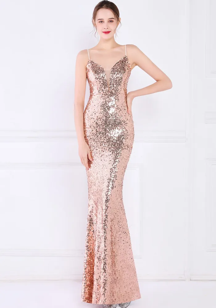 Women Summer Gold Romantic Strap Sleeveless Solid Sequined Mermaid Evening Dress