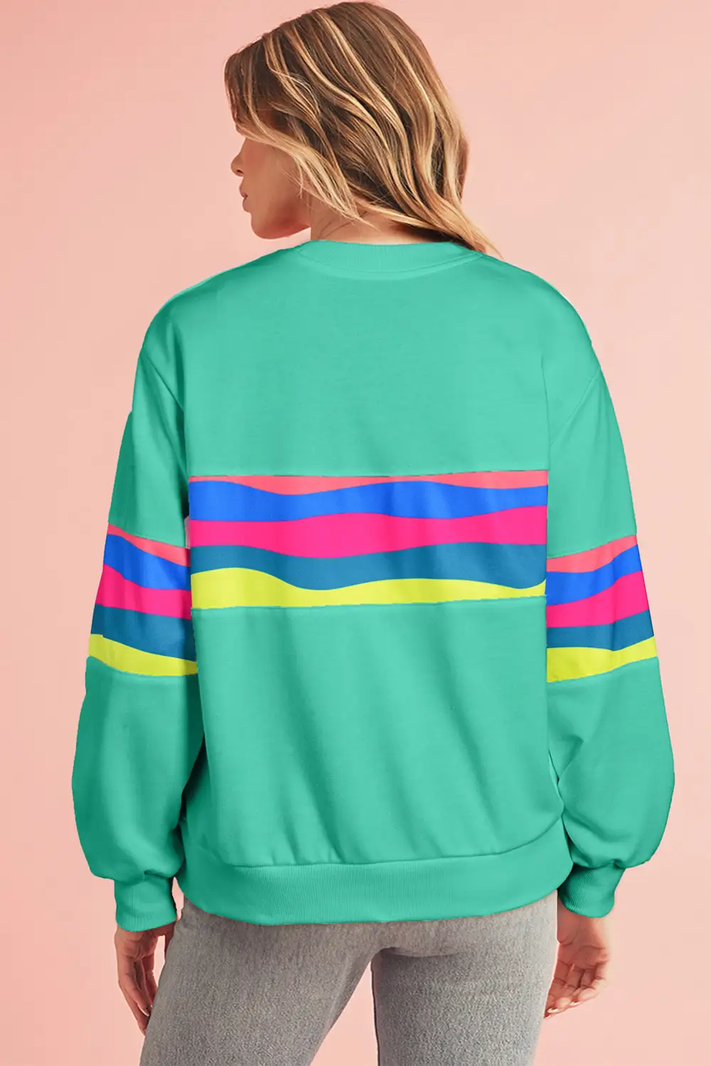 Green Colorful Striped Round Neck Long Sleeve Top