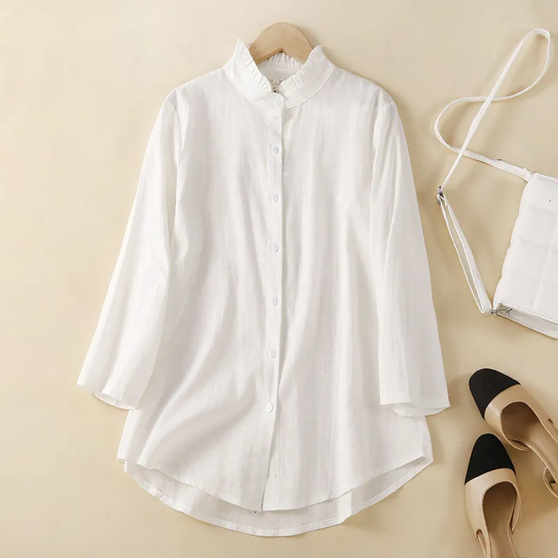 Stand Collar Cropped Sleeve Shirt