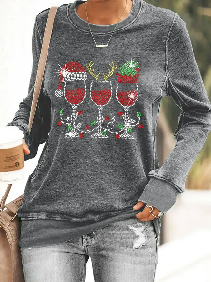 Women's Christmas Elf Deer Santa Hat Red Wine Glass Sweatshirt