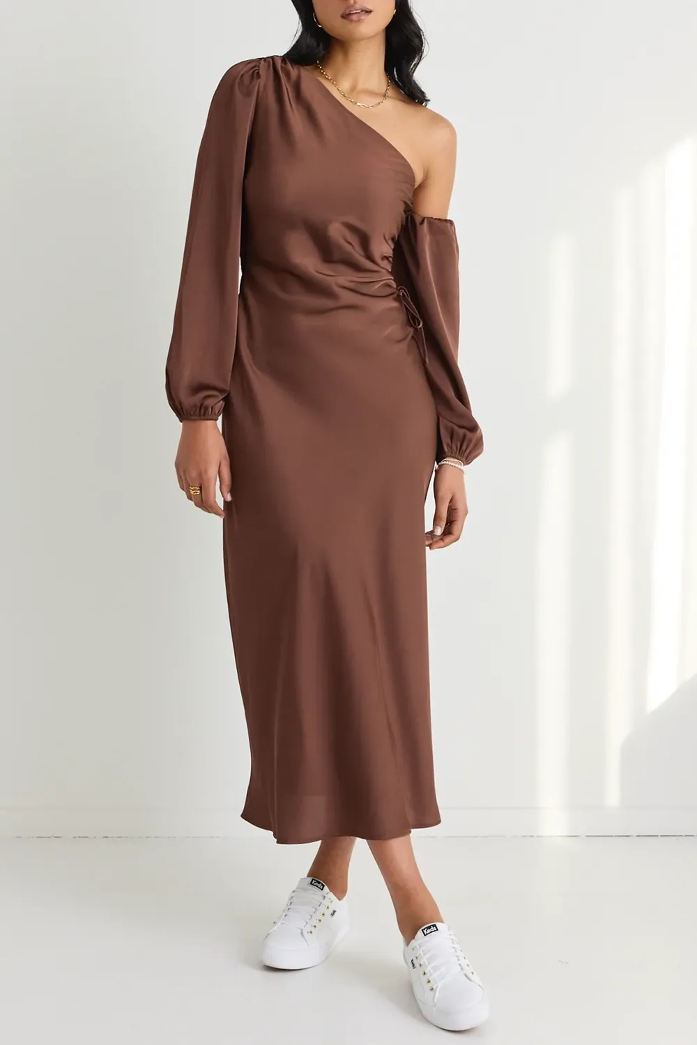 Mythical Chocolate Satin One Shoulder LS Midi Dress