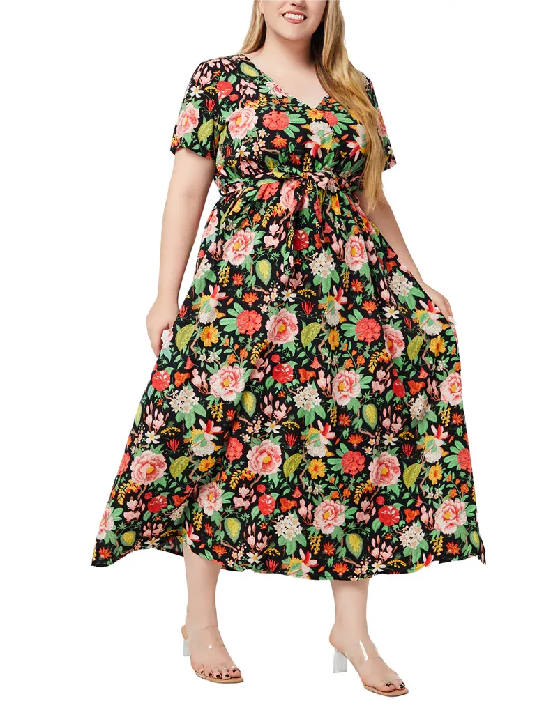 Floral V-Neck Belted Split Wrap Dress