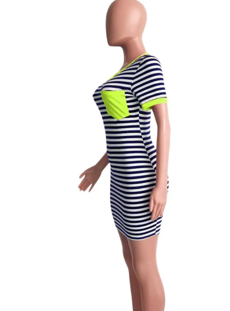 Women Summer Green Casual O-Neck Short Sleeves Striped Print Pockets Mini Sheath Shirt Dress