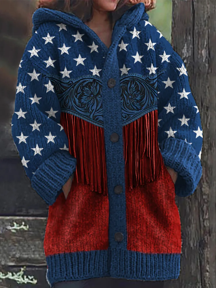 American Flag Inspired Floral Tassels Cozy Knit Hooded Cardigan