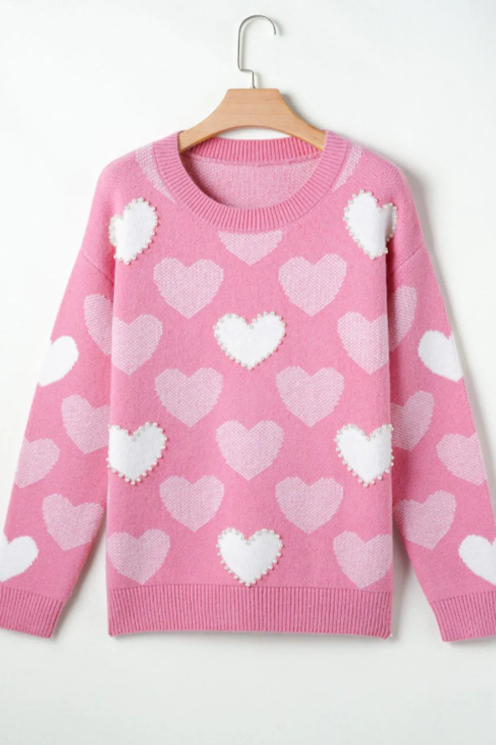 Pearl Trim Heart Round Neck Long Sleeve Sweater