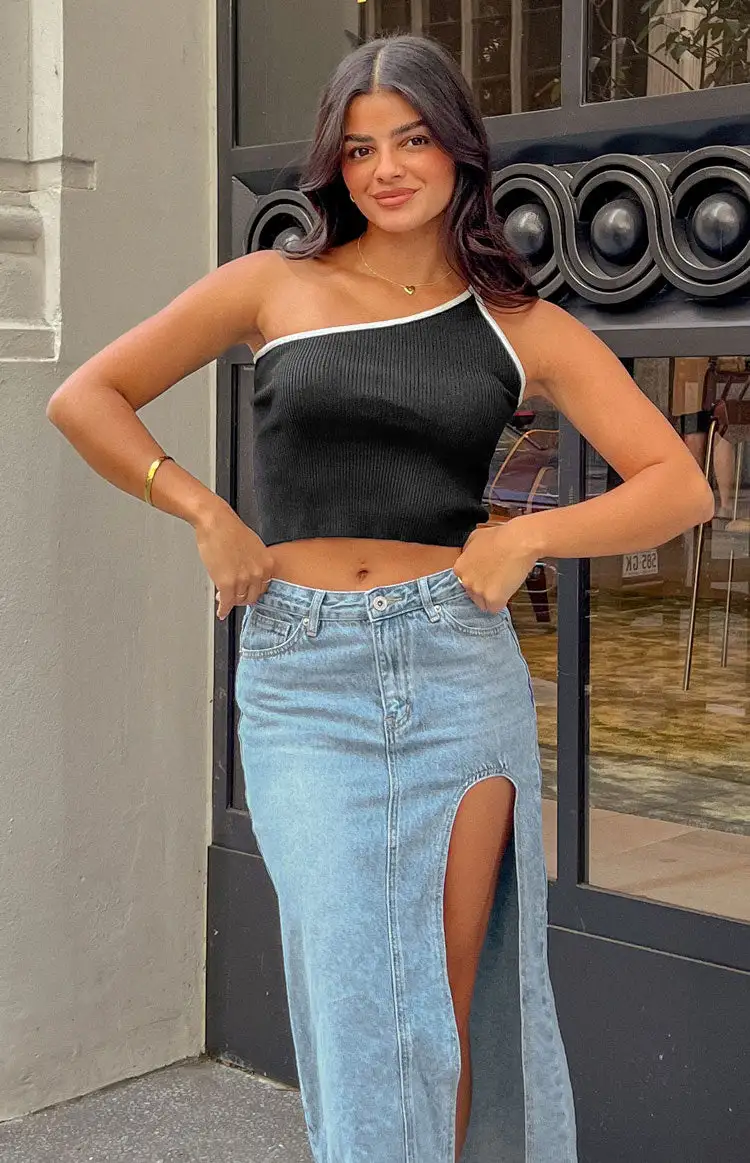 Kenzie Black Contrast Bind One Shoulder Top