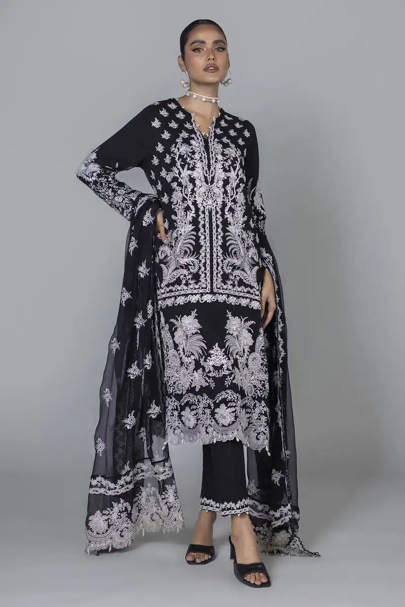 3 Piece Kurta Embroidered | Dupatta& Bottom & Tops | Color Black