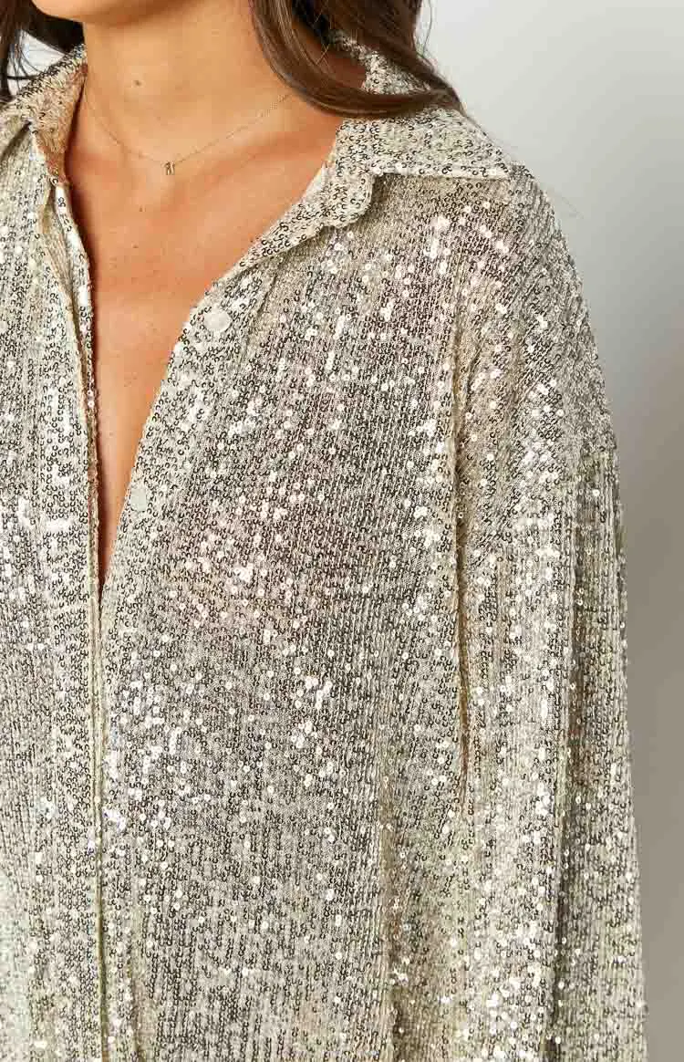 Zariah Gold Sequin Long Sleeve Shirt