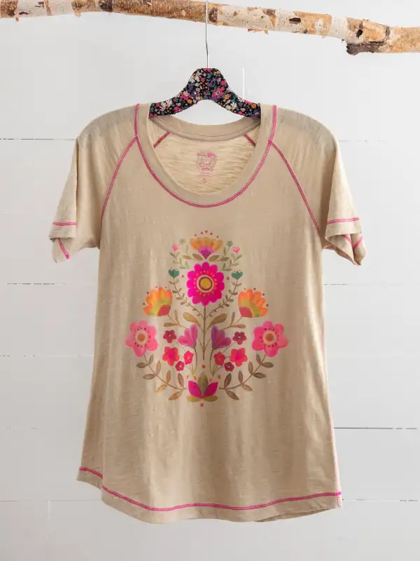 Boho Cotton Tee Shirt - Folk Flower