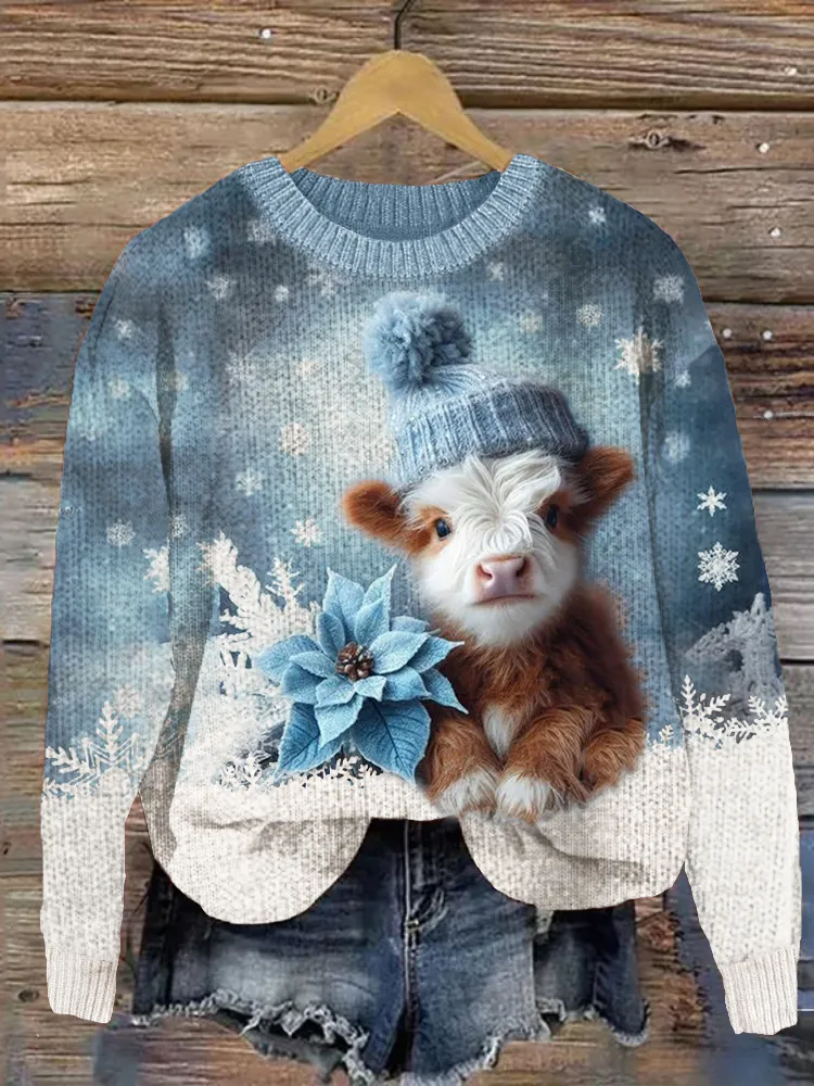 Christmas Highland Cow Snow Contrast Cozy Knit Sweater