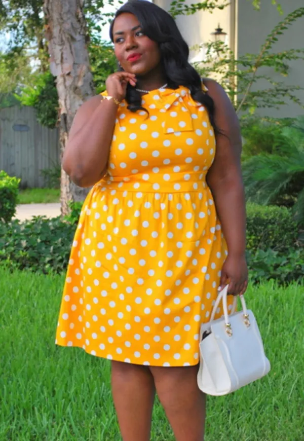 Women Summer Yellow Sweet O-Neck Sleeveless Dot Print Midi A-line Plus Size Casual Dress