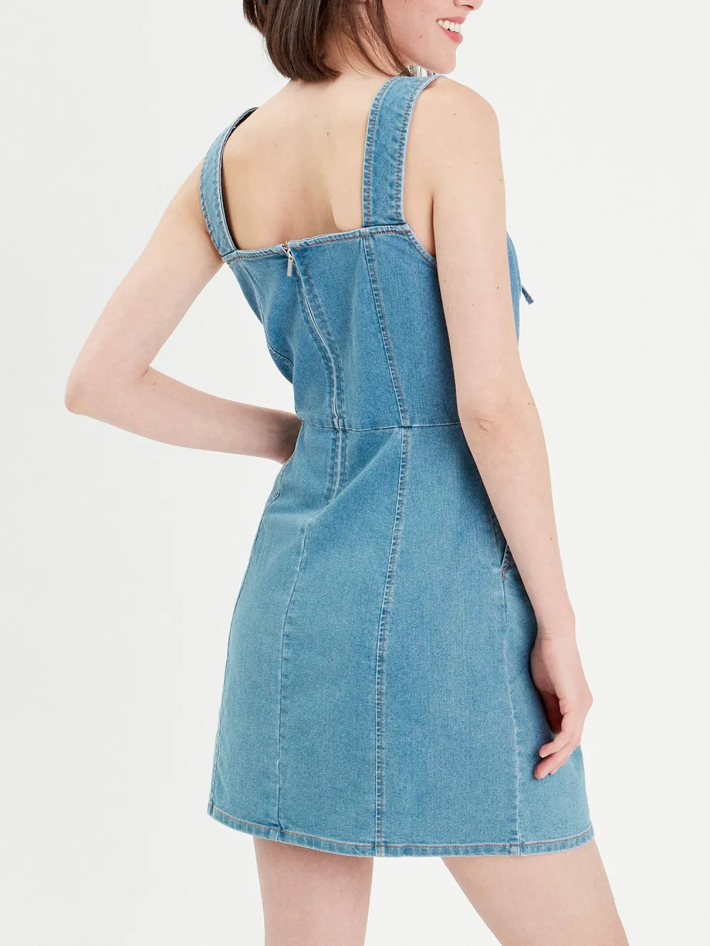 Robe droite en jean col laçage denim bleach femme