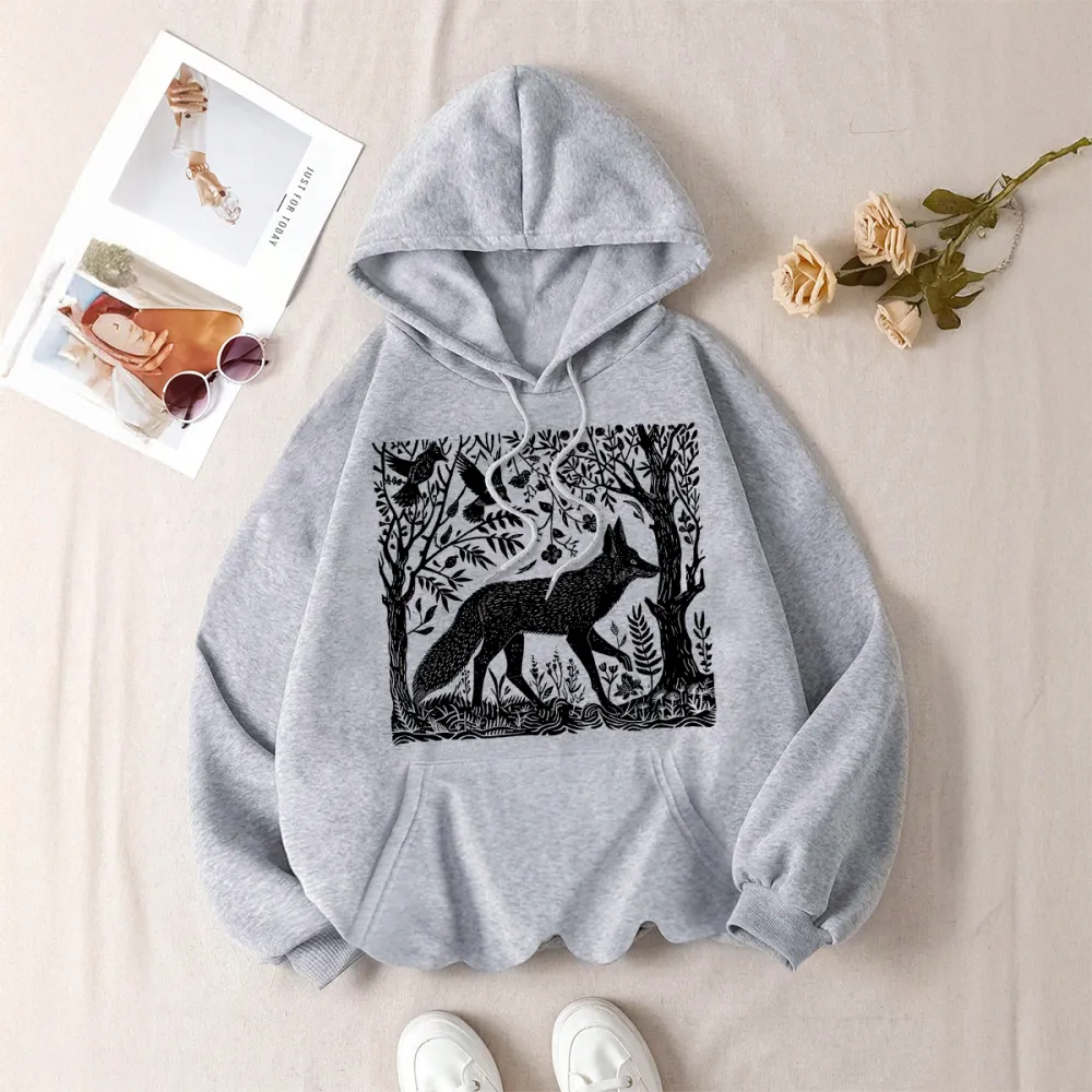 FOX IN THE FOREST PATTERN PRINTED HOODIE