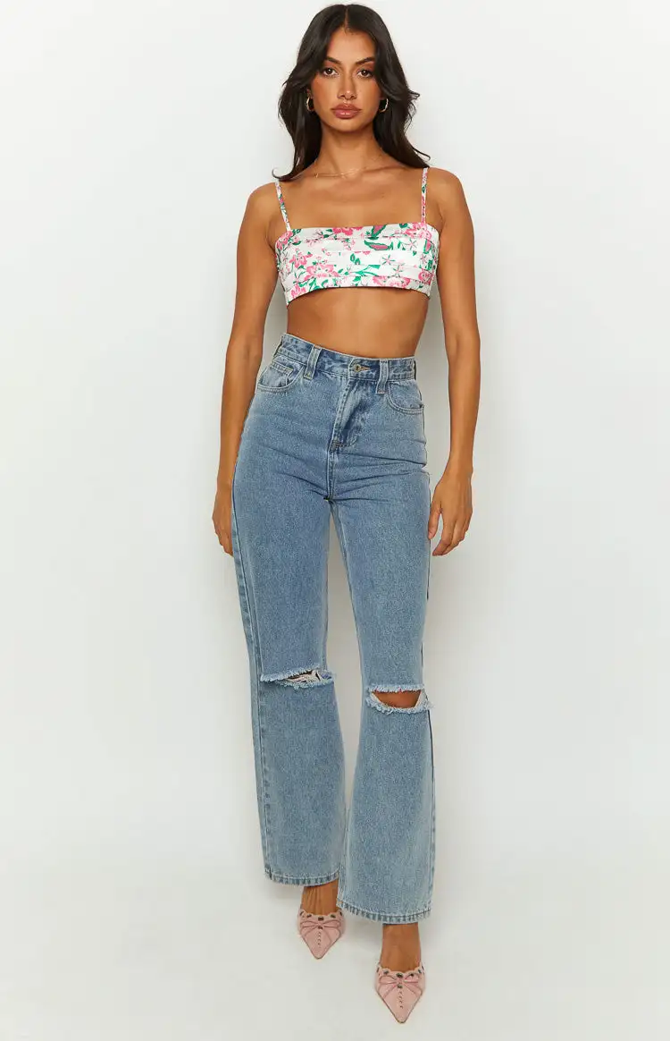 Miranda White Floral Tie Back Satin Crop Top