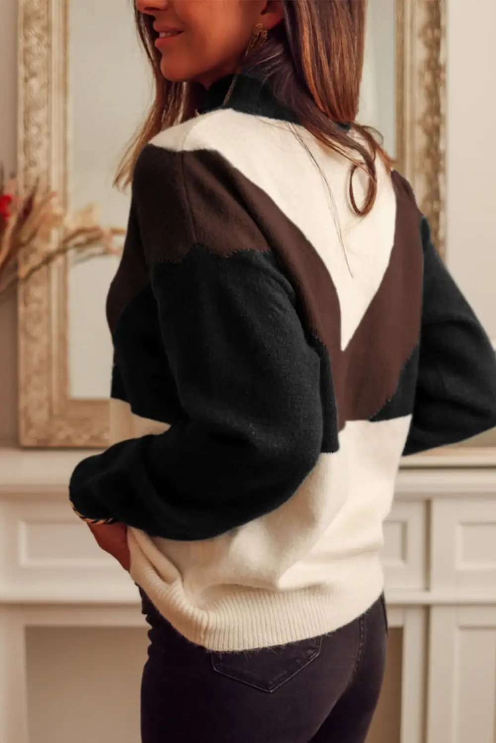 Geometric Color Block Knit Button V Neck Sweater