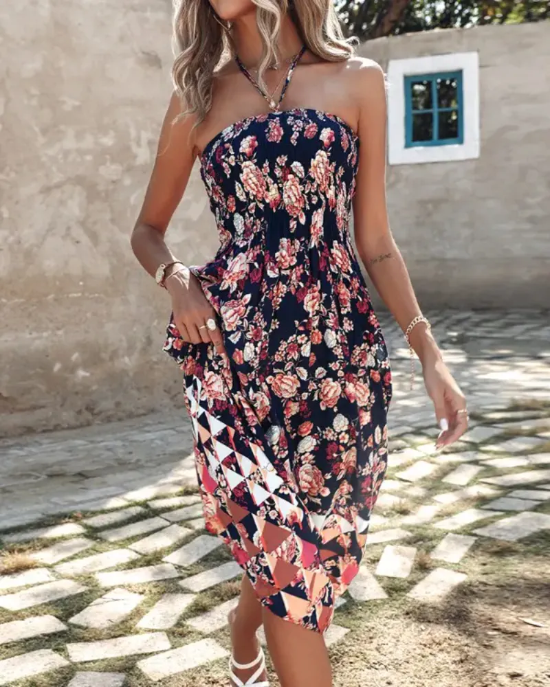 Floral Print Shirred Halter Dress