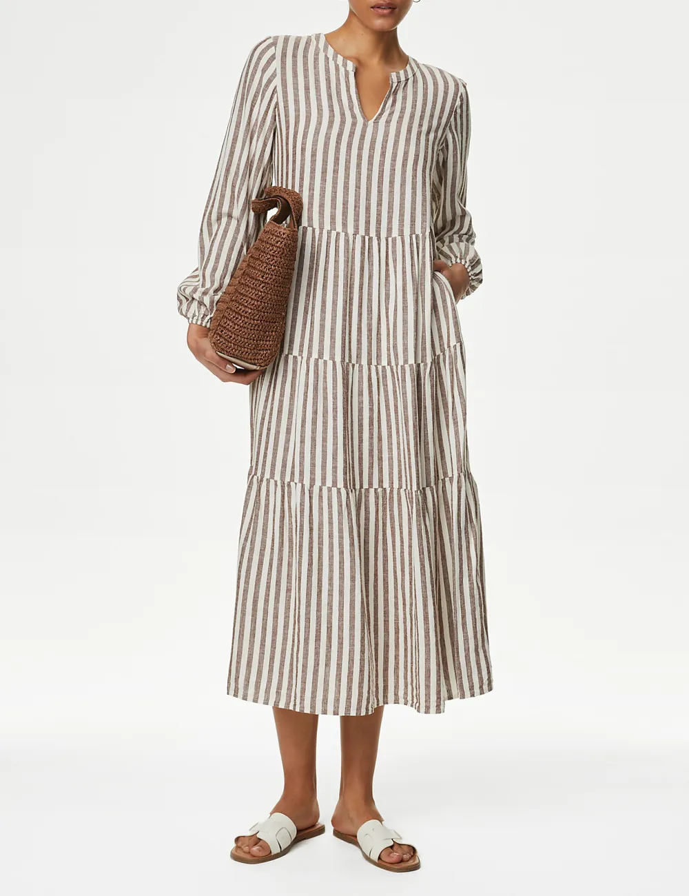 Linen Rich Striped V-Neck Midaxi Tiered Dress