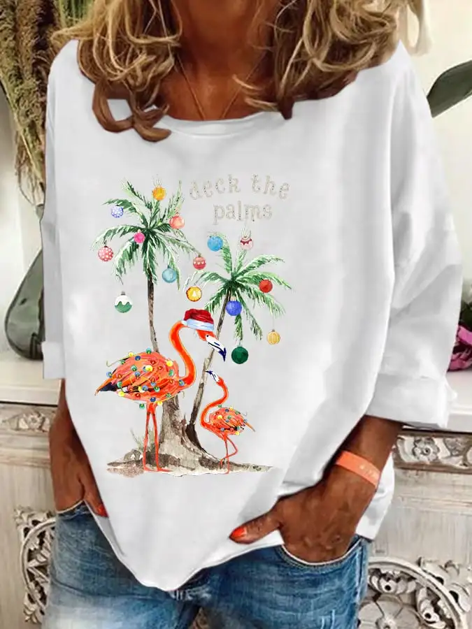 Women's Christmas Deck The Palms Print Casual Sweatshirt