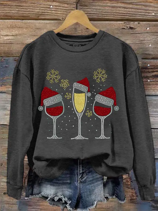 Women's Christmas wine glass print sweatshirt