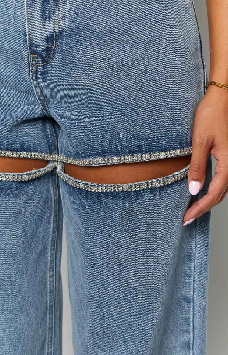 Gem Diamante Trim Wide Leg Denim Jeans