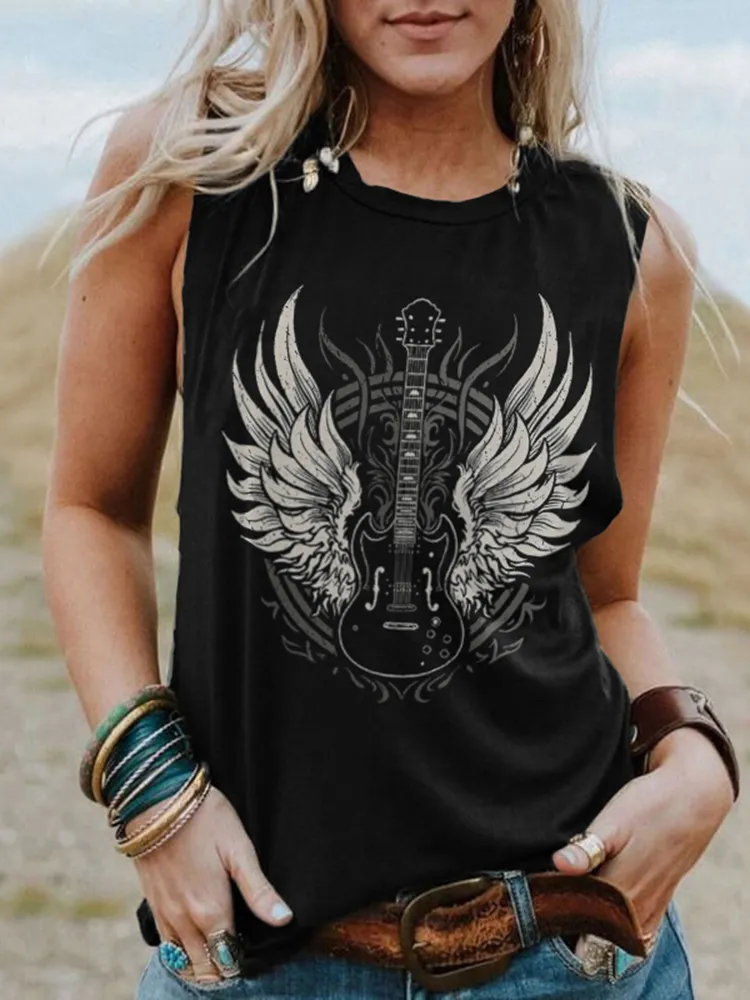 Wings Guitar Print Sleeveless Tank Top