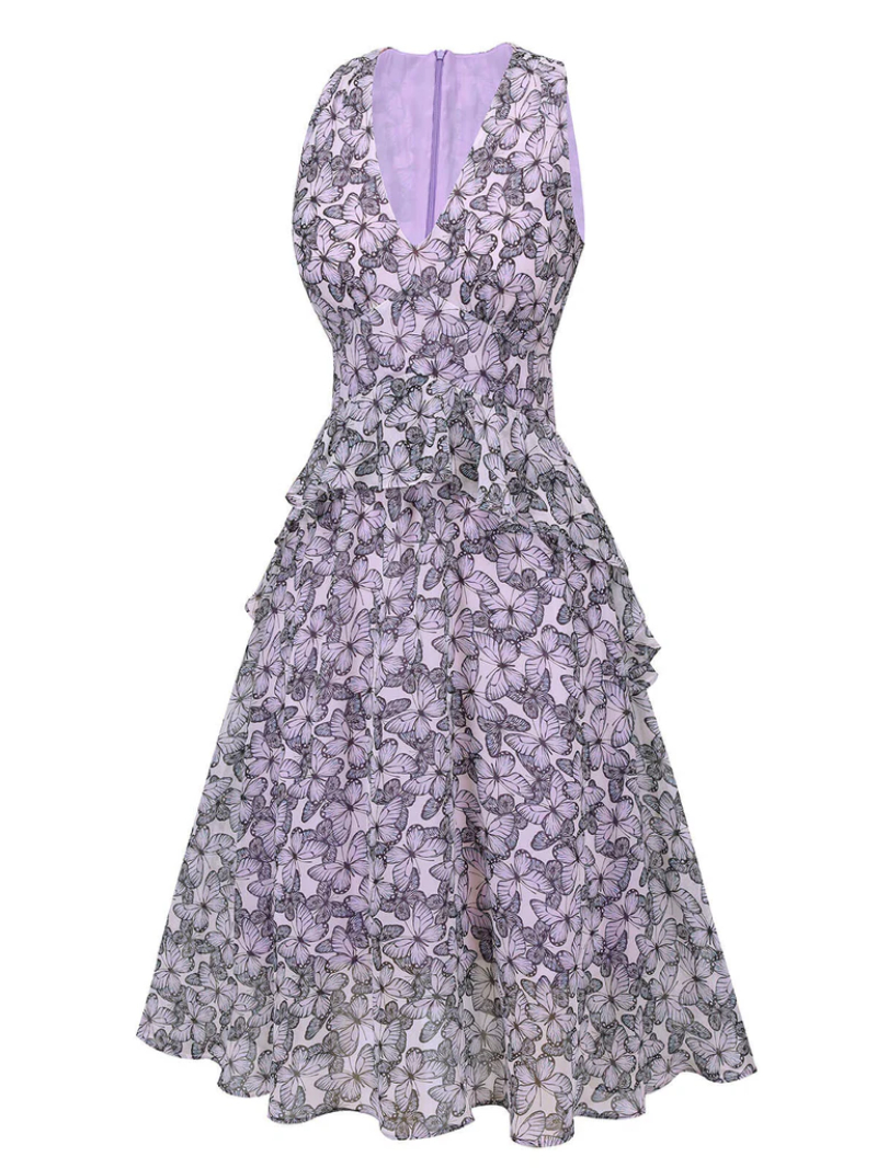 PURPLE 1930S BUTTERFLY V-NECK SLEEVELESS DRESS