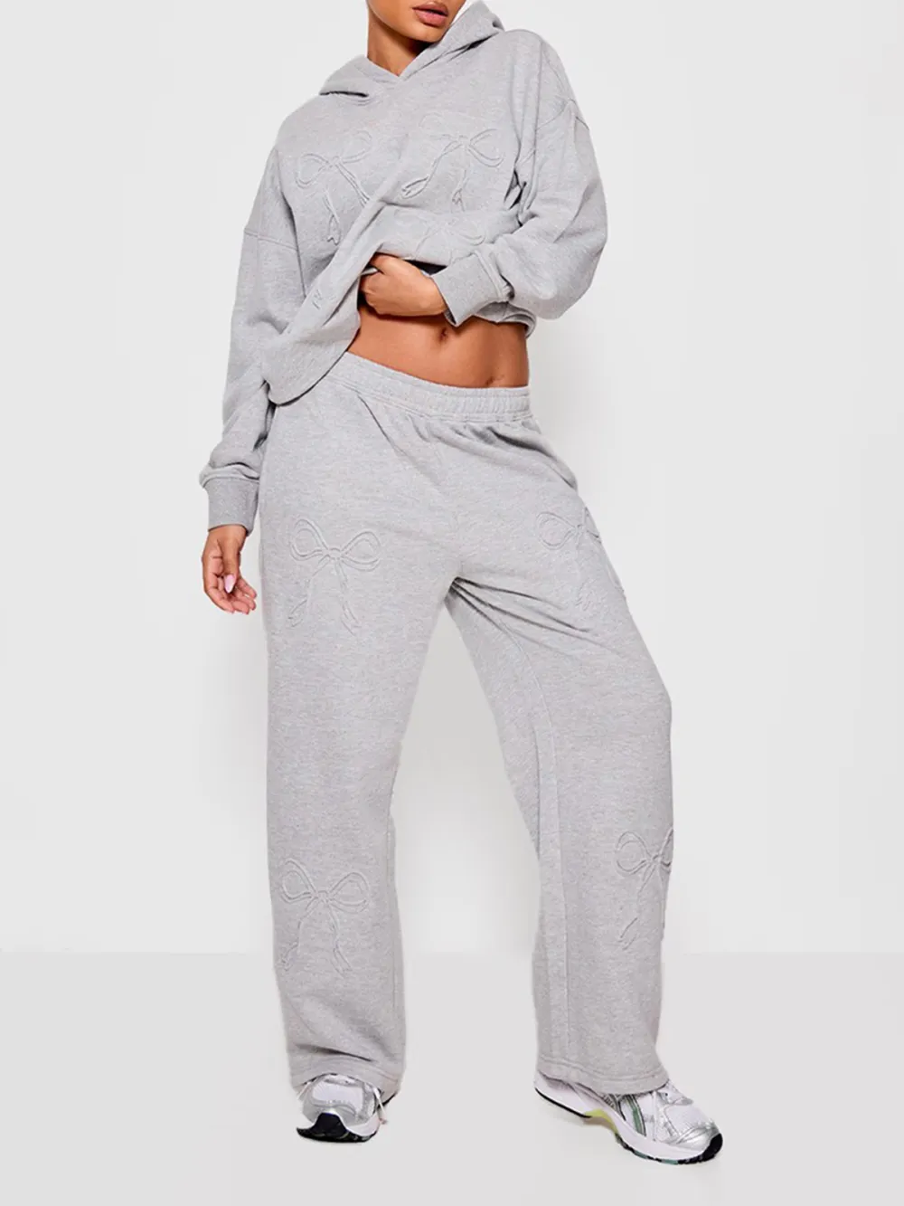 Grey Marl Embossed Bow Detail Wide Leg Sweatpants